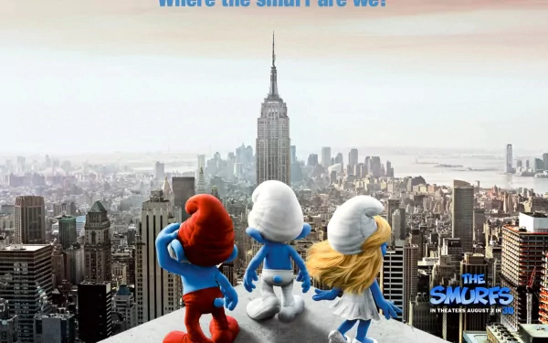 HD desktop wallpaper featuring characters from the movie The Smurfs overlooking a cityscape with the Empire State Building in the background.