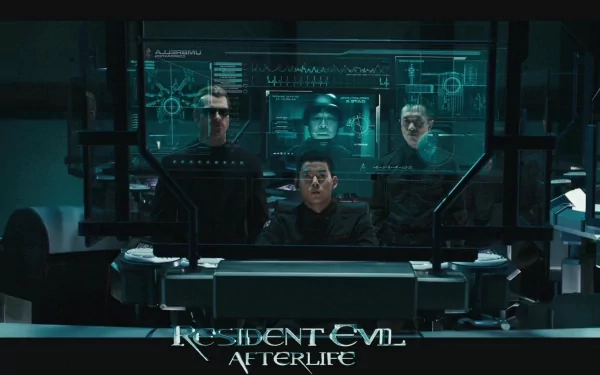 HD PC desktop wallpaper from Resident Evil: Afterlife — a dim command room with four figures around a holographic console, the film logo visible at the bottom.