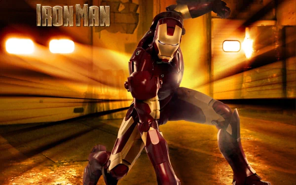 HD wallpaper featuring Tony Stark as Iron Man in a dramatic pose with rays of light in the background. The Iron Man logo is in the top left corner.