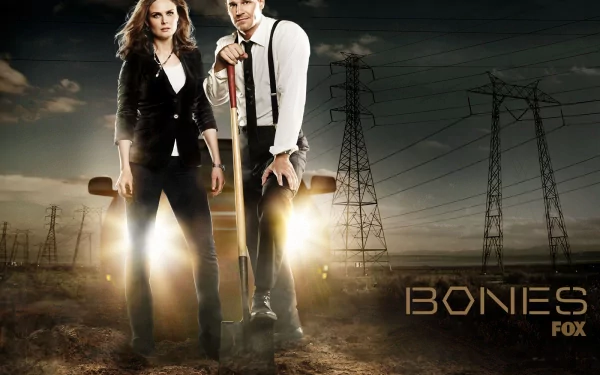 HD desktop wallpaper for the TV series Bones: two lead investigators stand in front of glowing headlights at dusk, one holding a shovel, with powerlines and a barren field behind them.