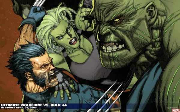 A dynamic comic scene featuring Logan James Howlett (Wolverine) confronting the Hulk, with She-Hulk in action. Set against a vivid background, this HD wallpaper captures an epic clash.