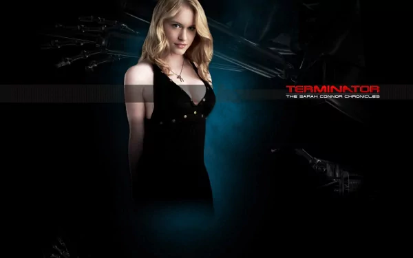 HD desktop wallpaper featuring Leven Rambin as Sarah Connor from the sci-fi TV show Terminator: The Sarah Connor Chronicles, with a dark, futuristic background.