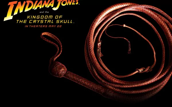 HD desktop wallpaper featuring Indiana Jones' iconic whip from the movie Indiana Jones and the Kingdom of the Crystal Skull with the film title text on a black background.