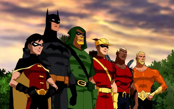 A vibrant HD wallpaper featuring iconic characters from DC Comics: Robin, Batman, Green Arrow, Speedy, Aqualad, and Aquaman, showcasing their unity in the animated series Young Justice.