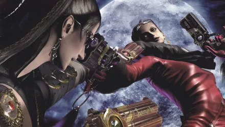 HD PC desktop wallpaper featuring Bayonetta from the video game, showcasing dynamic action poses with detailed firearms against a full moon backdrop.
