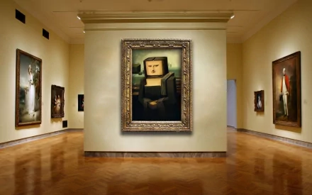 HD desktop wallpaper featuring a rendition of the Mona Lisa with a Minecraft twist, displayed in an art gallery. The piece combines classic art with the blocky aesthetic of the video game by Mojang.