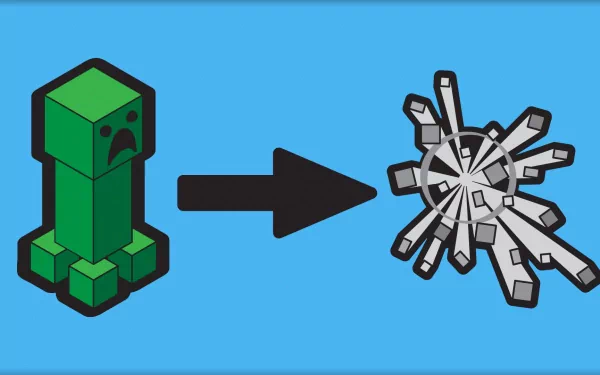 HD desktop wallpaper featuring a Creeper from Minecraft by Mojang. The image shows a Creeper and an explosion symbol against a blue background, referencing the Creeper's in-game behavior.
