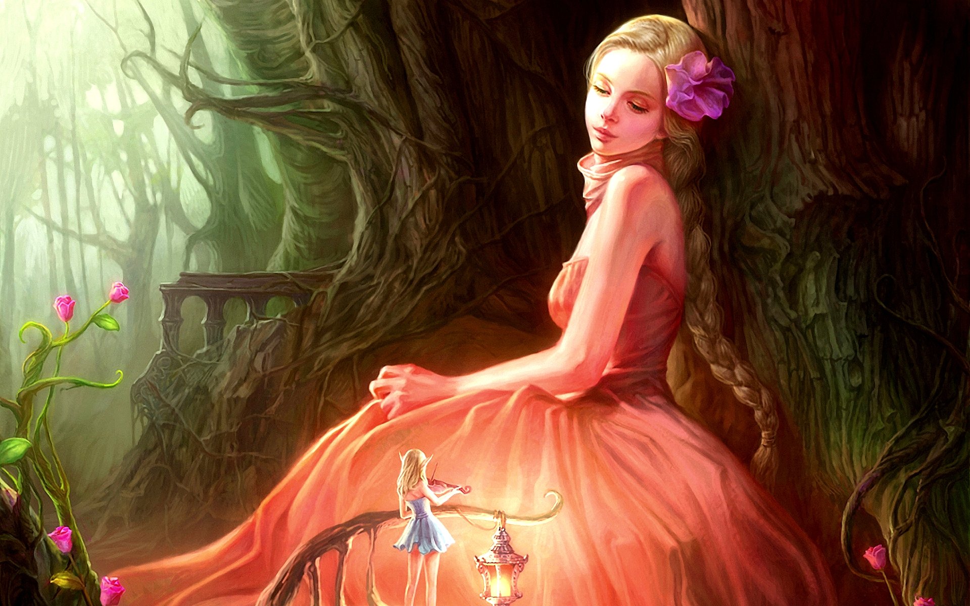A serene fantasy scene featuring a woman in a flowing dress, surrounded by enchanting foliage and tiny fairies, creating a whimsical and magical atmosphere for a stunning HD wallpaper.