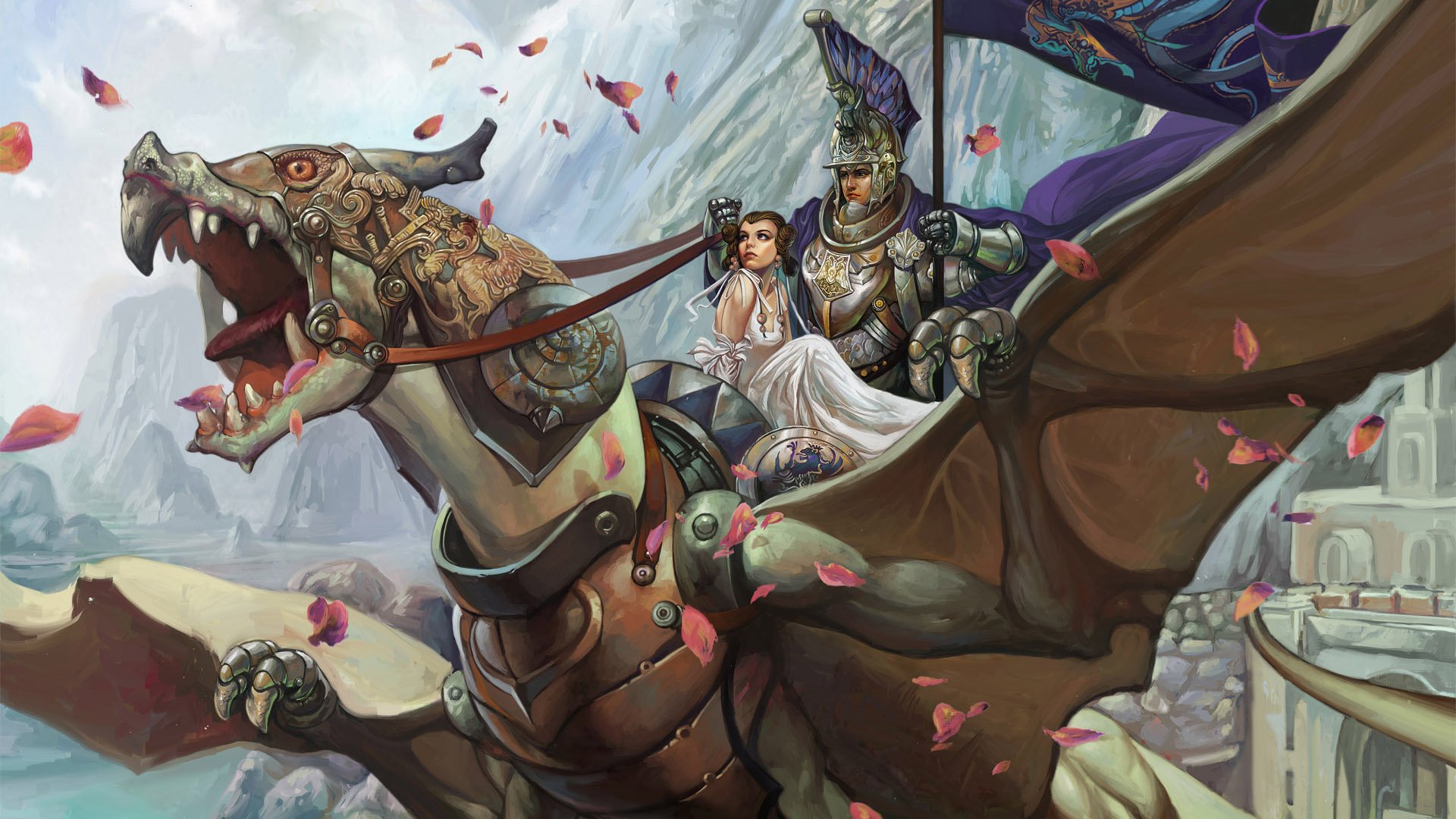 A knight in armor rides a majestic dragon, accompanied by a woman in white, soaring over a fantasy landscape filled with petals, creating a stunning HD desktop wallpaper.