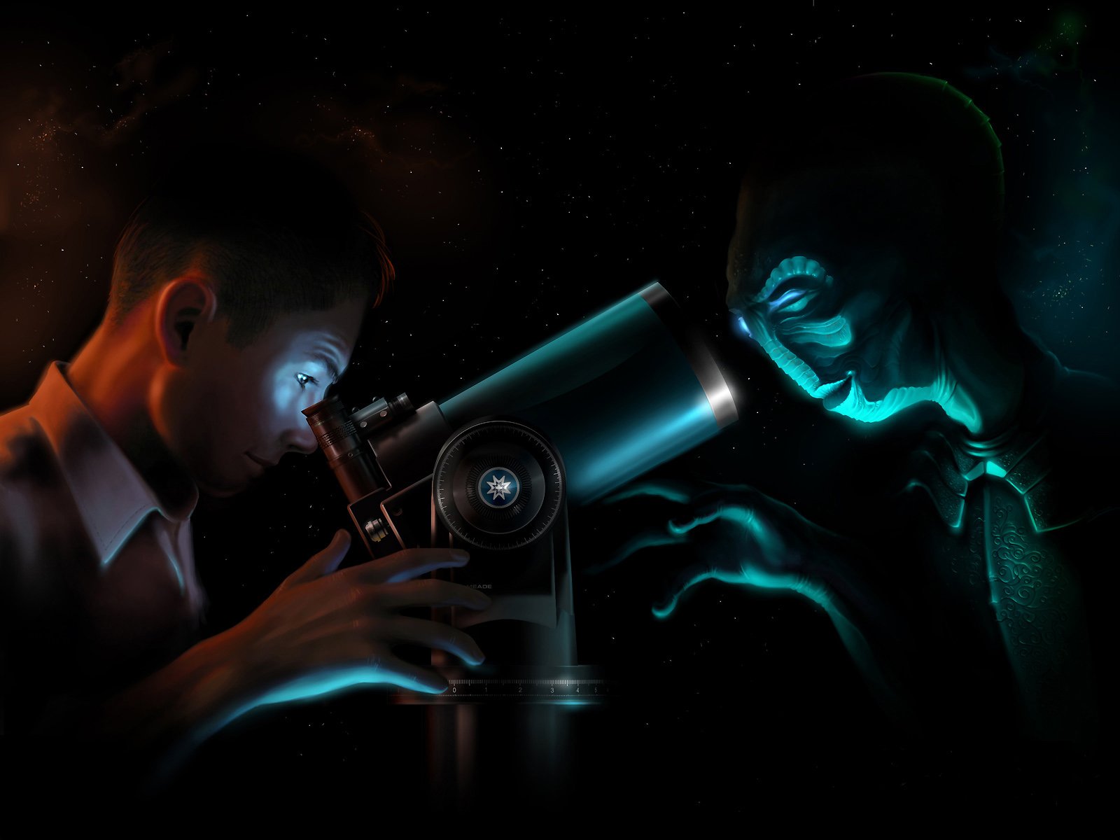 HD sci-fi desktop wallpaper depicting a person observing through a telescope while facing a glowing alien figure in a dark, starry background.