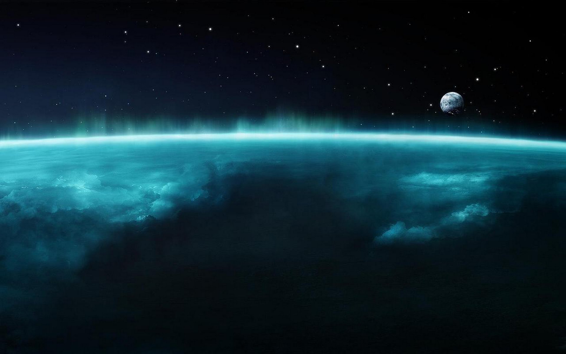 Sci-fi planetscape HD PC desktop wallpaper showing a teal-hued planetary horizon and cloud layer beneath a starry sky and distant moon.