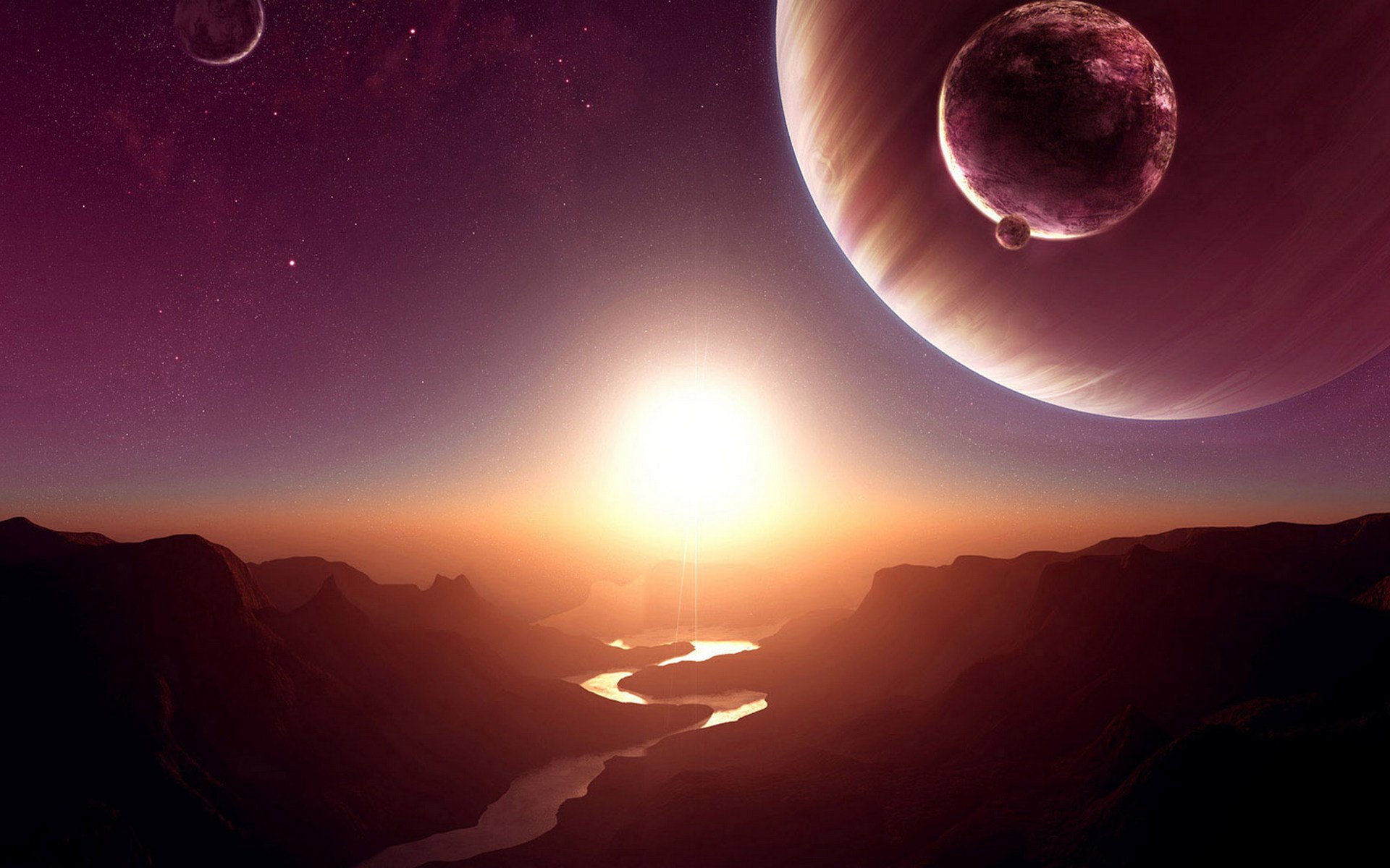 HD sci-fi landscape wallpaper featuring a glowing sunset over winding rivers and distant planets in a purple-hued alien sky, designed for PC desktop backgrounds.