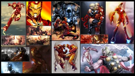 HD PC desktop wallpaper featuring dynamic comic scenes of Thor, Ms. Marvel, and Iron Man in vibrant action poses and detailed superhero artwork.