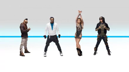 HD wallpaper featuring The Black Eyed Peas band members against a minimalistic white background with a blue horizontal line, blending music and modern desktop style.