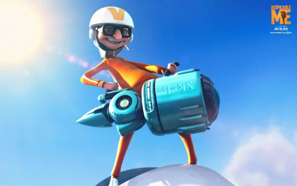 HD PC desktop wallpaper featuring Vector from the movie Despicable Me, striking a confident pose with his jetpack against a bright sky background.
