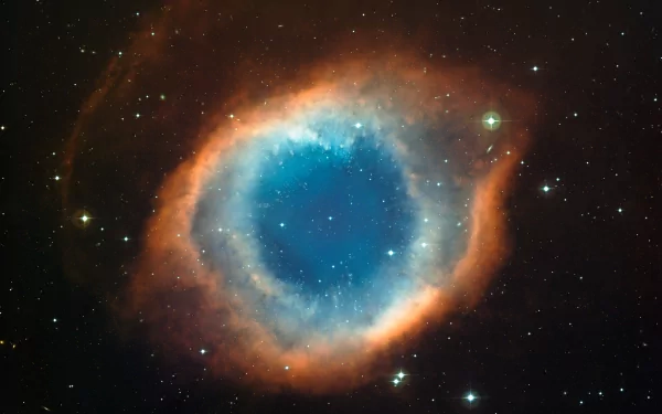 Vivid 4K Ultra HD PC desktop wallpaper showcasing the Helix Nebula with vibrant blue core and surrounding orange-red space clouds, evoking a stunning sci-fi starfield scene.