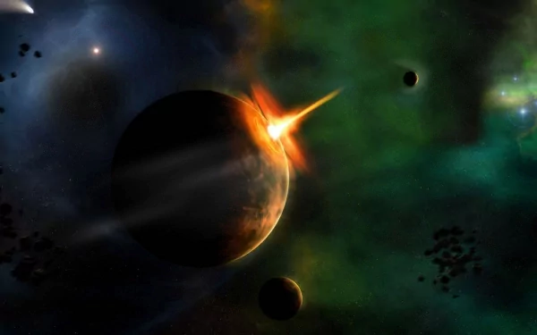 Sci-fi HD PC desktop wallpaper: a fiery collision impacts a planet, sending debris and nearby moons streaking across a colorful nebula backdrop.