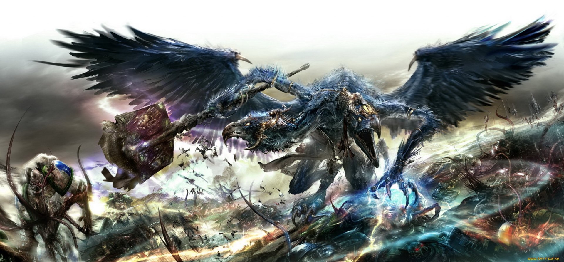 A striking HD desktop wallpaper featuring an epic scene from Warhammer 40k, showcasing a powerful creature with wings, engaged in a fierce battle amidst dynamic energy and chaos.