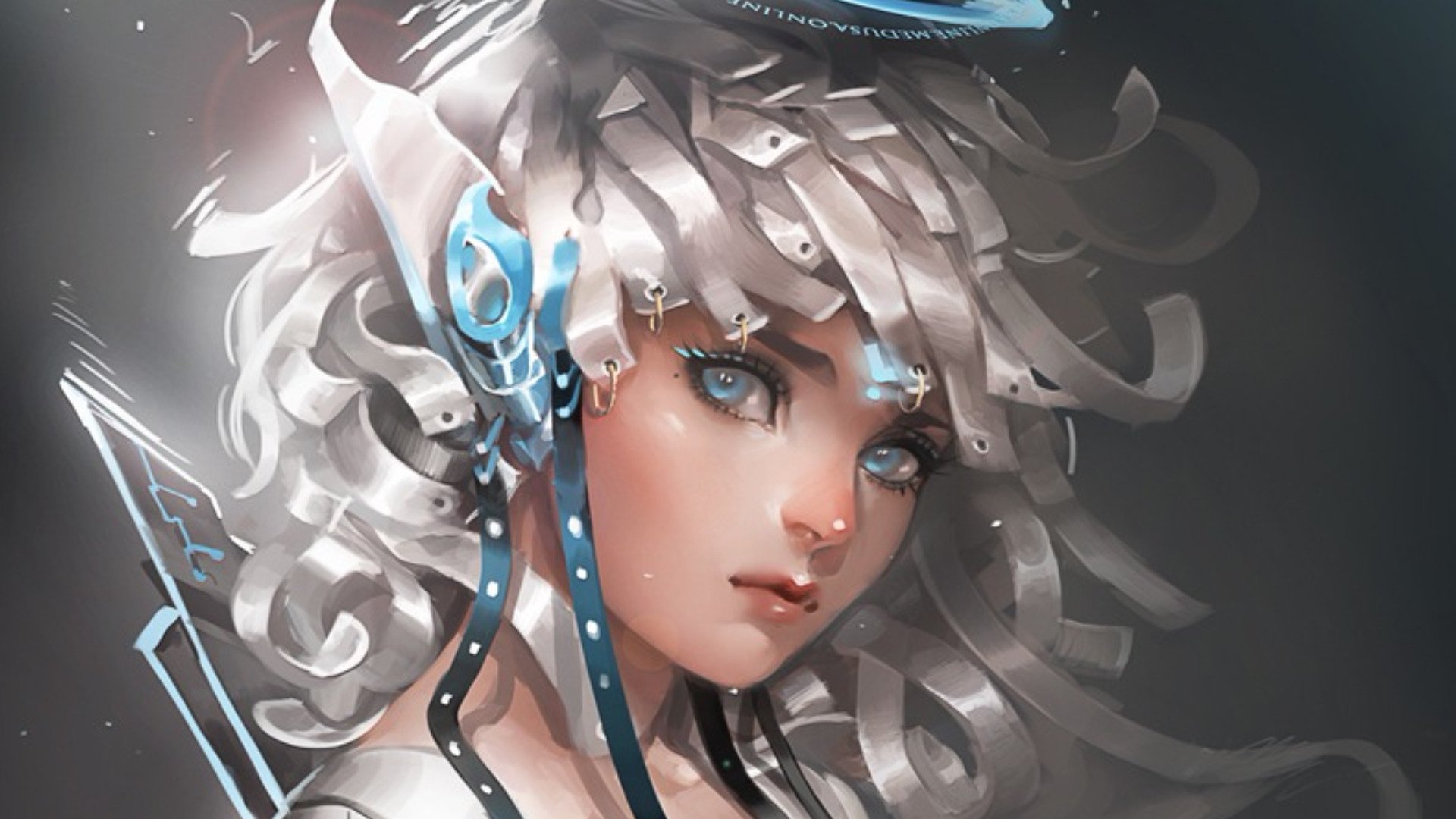 A captivating fantasy-themed HD wallpaper featuring a woman with striking blue accents and flowing, textured hair, set against a dark background.