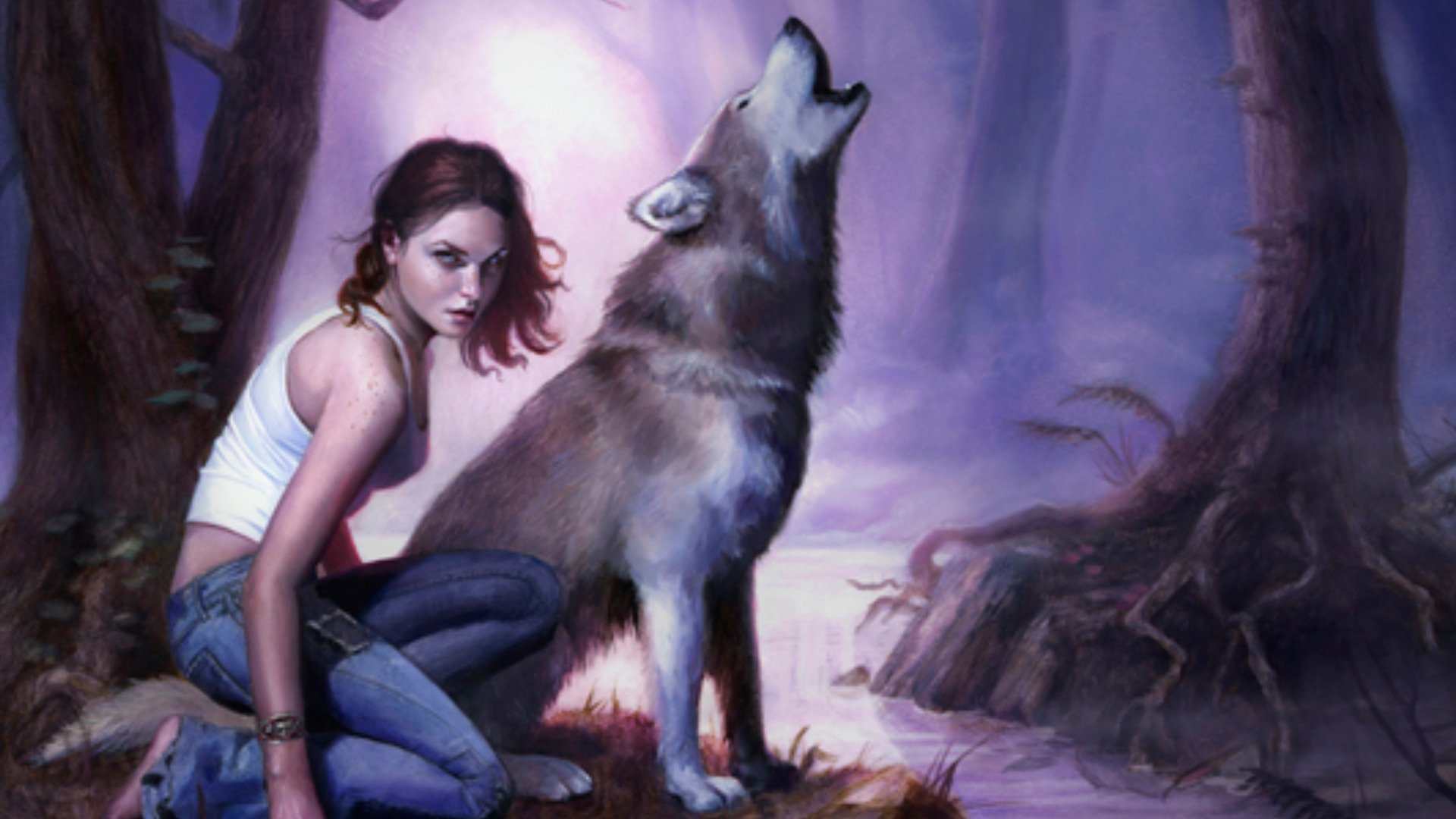 A fantasy-themed HD wallpaper featuring a woman crouched beside a howling wolf in a mystical forest, illuminated by ethereal light.