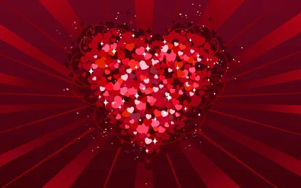 HD PC desktop wallpaper featuring a vibrant red heart made of smaller hearts with radiating rays, celebrating Valentine's Day holiday.