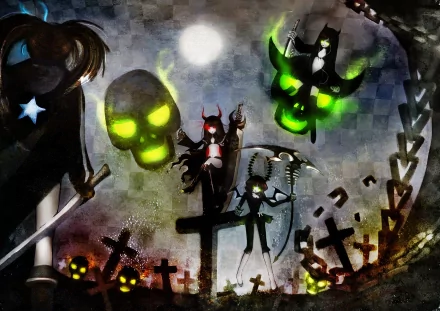 An HD wallpaper featuring Black Gold Saw and Dead Master from the anime Black Rock Shooter. The scene showcases a dark, moody atmosphere with glowing skulls and tombstones.