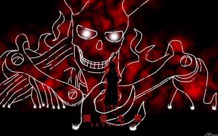 A striking HD wallpaper featuring Sasuke Uchiha from Naruto, showcasing Susanoo with dramatic red and black tones, emphasizing the character's power and intensity.