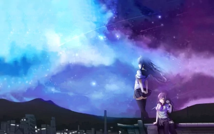 Two girls in school uniforms gaze at a shooting star above a vibrant cityscape, set against a stunning night sky filled with stars, creating a captivating anime scene for a HD desktop wallpaper.
