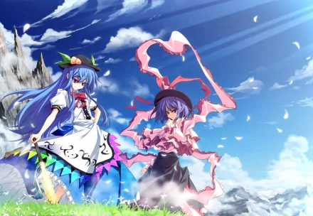 Anime-style HD desktop wallpaper featuring Touhou characters Iku Nagae and Tenshi Hinanawi with blue hair, swords, flowers, and mountains under a bright sky with clouds.