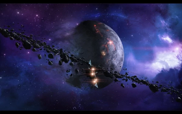 HD sci-fi PC wallpaper showcasing a detailed planetary ring with floating asteroids against a vibrant cosmic background.