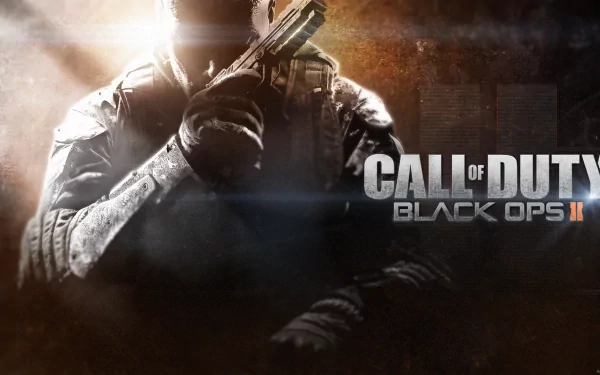 HD desktop wallpaper featuring a soldier holding a gun from the video game Call of Duty: Black Ops II. The image has a dramatic, sepia-toned background with the game title prominently displayed.