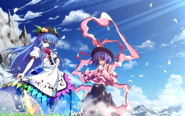 Anime-style HD desktop wallpaper featuring Touhou characters Iku Nagae and Tenshi Hinanawi with blue hair, swords, flowers, and mountains under a bright sky with clouds.