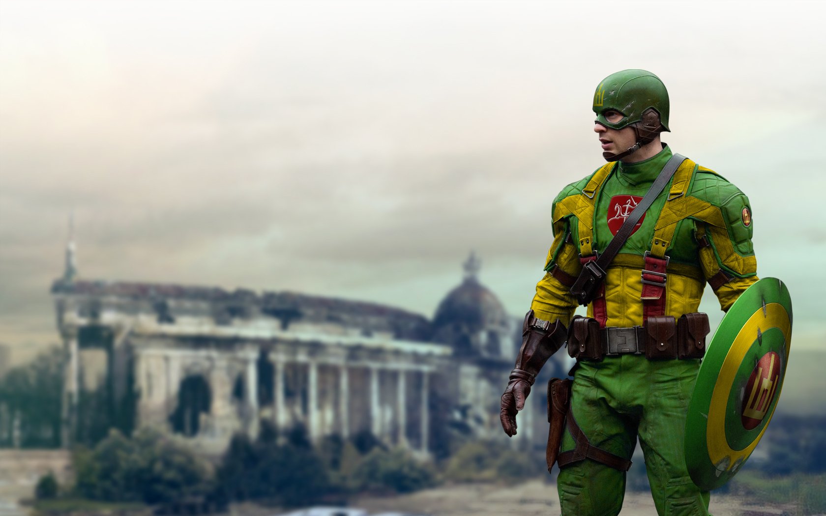Sci-fi HD desktop wallpaper featuring Captain Lithuania in green and yellow armor with shield, set against a blurred Vilnius cityscape background.