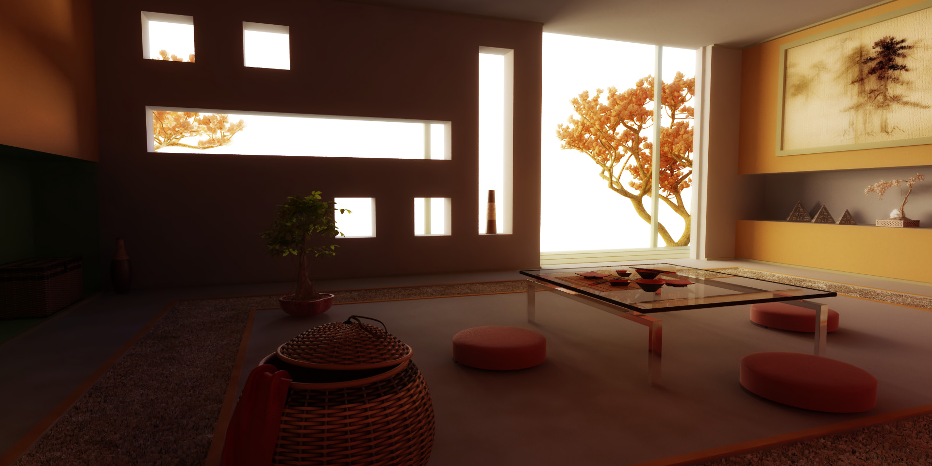Artistic HD desktop wallpaper showcasing a serene room with soft lighting, minimalist decor, and a view of a tree through large windows, inviting tranquility and calm.
