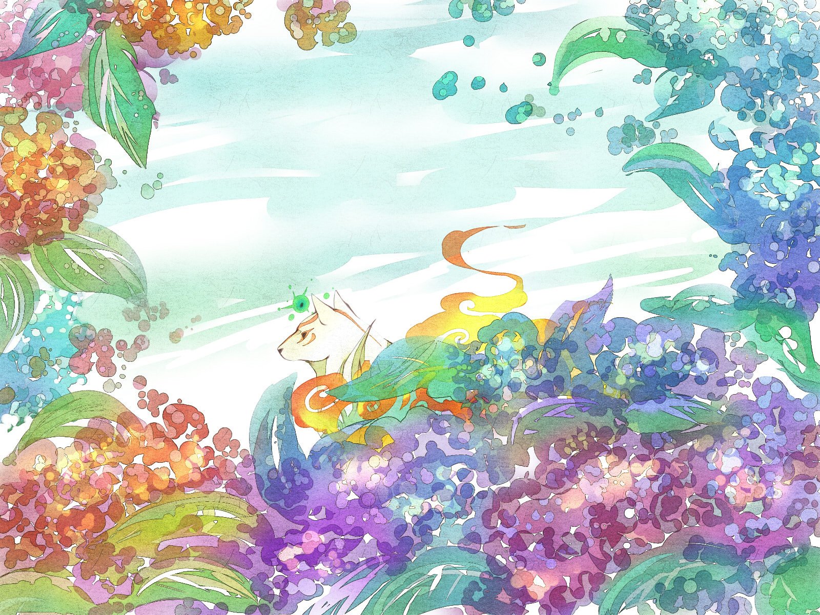 HD PC desktop wallpaper and background of the video game Ōkami: a celestial white wolf with flowing orange markings and rainbow floral mane drifting through pastel hydrangeas and sky.