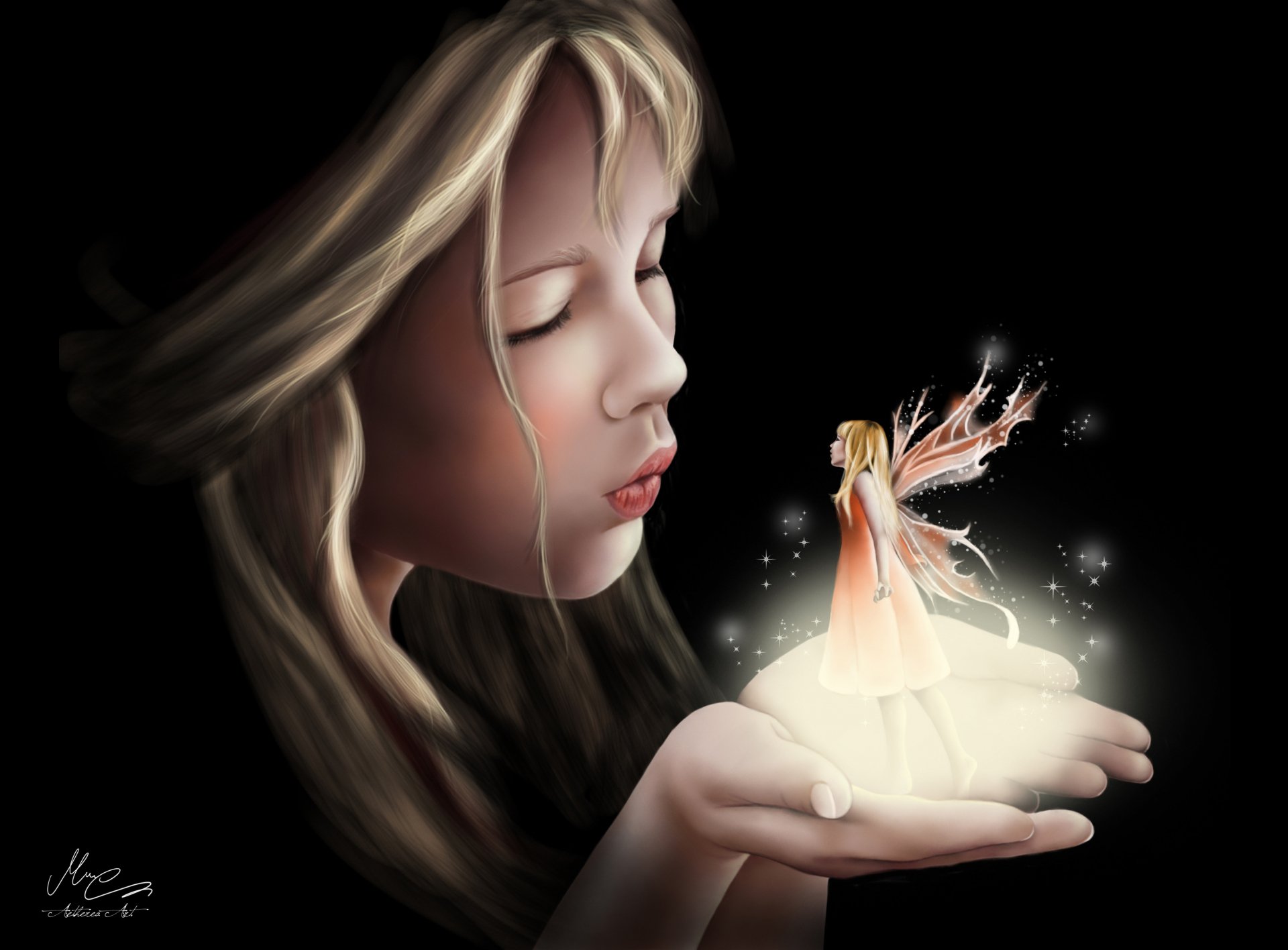 HD desktop wallpaper of a child gently holding a small fairy in their hand. The fantasy scene is softly lit, accentuating the ethereal glow of the fairy's wings.