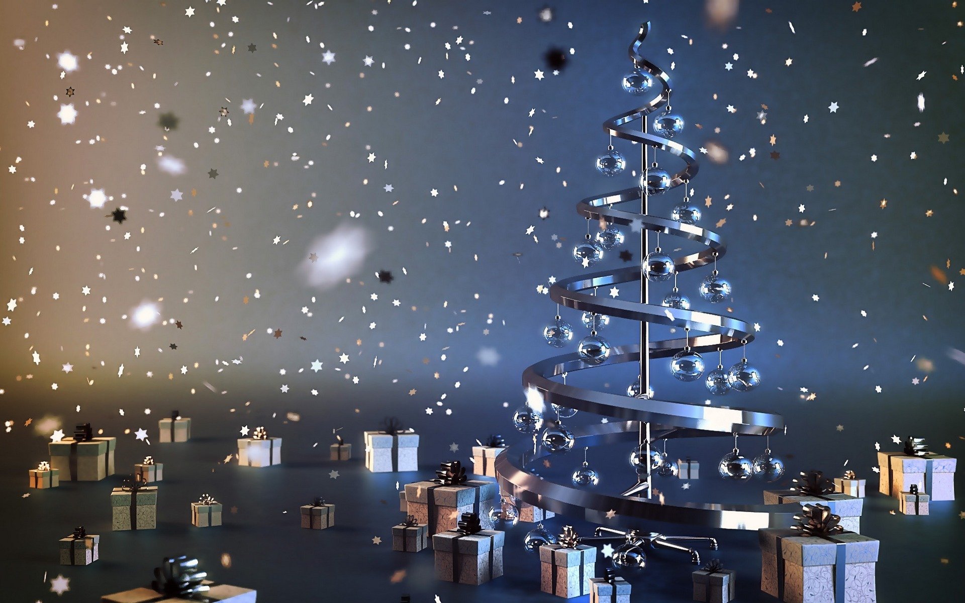 A 3D Christmas tree adorned with ornaments stands amidst wrapped gifts, set against a backdrop of falling snowflakes, creating a festive holiday atmosphere in this HD wallpaper.