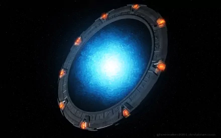 HD PC desktop wallpaper: TV show Stargate SG-1, the Stargate ring floating in space with a glowing blue event horizon and orange chevrons.