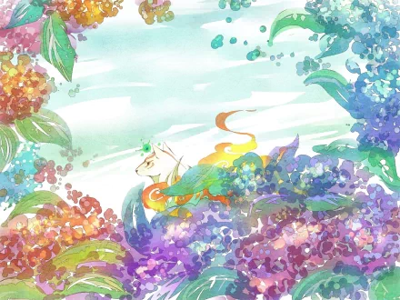 HD PC desktop wallpaper and background of the video game Ōkami: a celestial white wolf with flowing orange markings and rainbow floral mane drifting through pastel hydrangeas and sky.