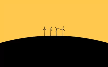 Simple artistic minimalist HD PC desktop wallpaper: silhouettes of three wind turbines on a curved black hill against a warm golden sky.
