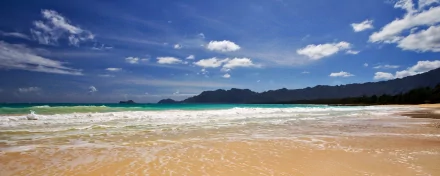 HD PC desktop wallpaper featuring a serene beach with gentle ocean waves, golden sand, and a bright blue sky dotted with clouds, capturing nature's beauty.