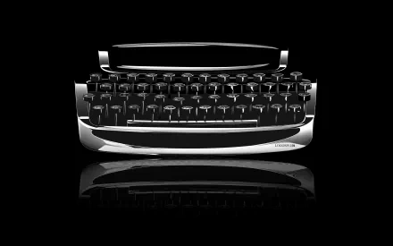 HD PC desktop wallpaper featuring a sleek, black vintage typewriter with reflective surface against a dark background, emphasizing the man-made word machine.
