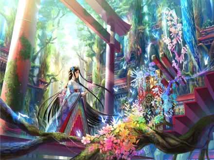 A colorful fantasy scene featuring a figure in traditional attire standing amidst lush greenery, vibrant flowers, and Shinto architecture, creating a captivating oriental atmosphere.