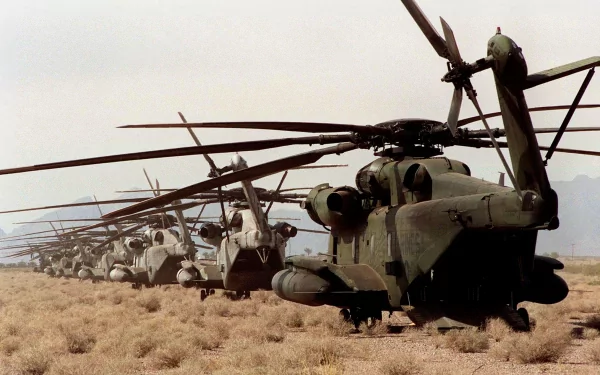 Row of military Sikorsky CH-53 Sea Stallion helicopters lined up on a dry field under an overcast sky, captured in high definition for a PC desktop wallpaper.