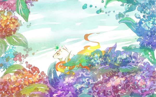 HD PC desktop wallpaper and background of the video game Ōkami: a celestial white wolf with flowing orange markings and rainbow floral mane drifting through pastel hydrangeas and sky.