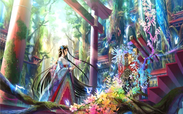 A colorful fantasy scene featuring a figure in traditional attire standing amidst lush greenery, vibrant flowers, and Shinto architecture, creating a captivating oriental atmosphere.