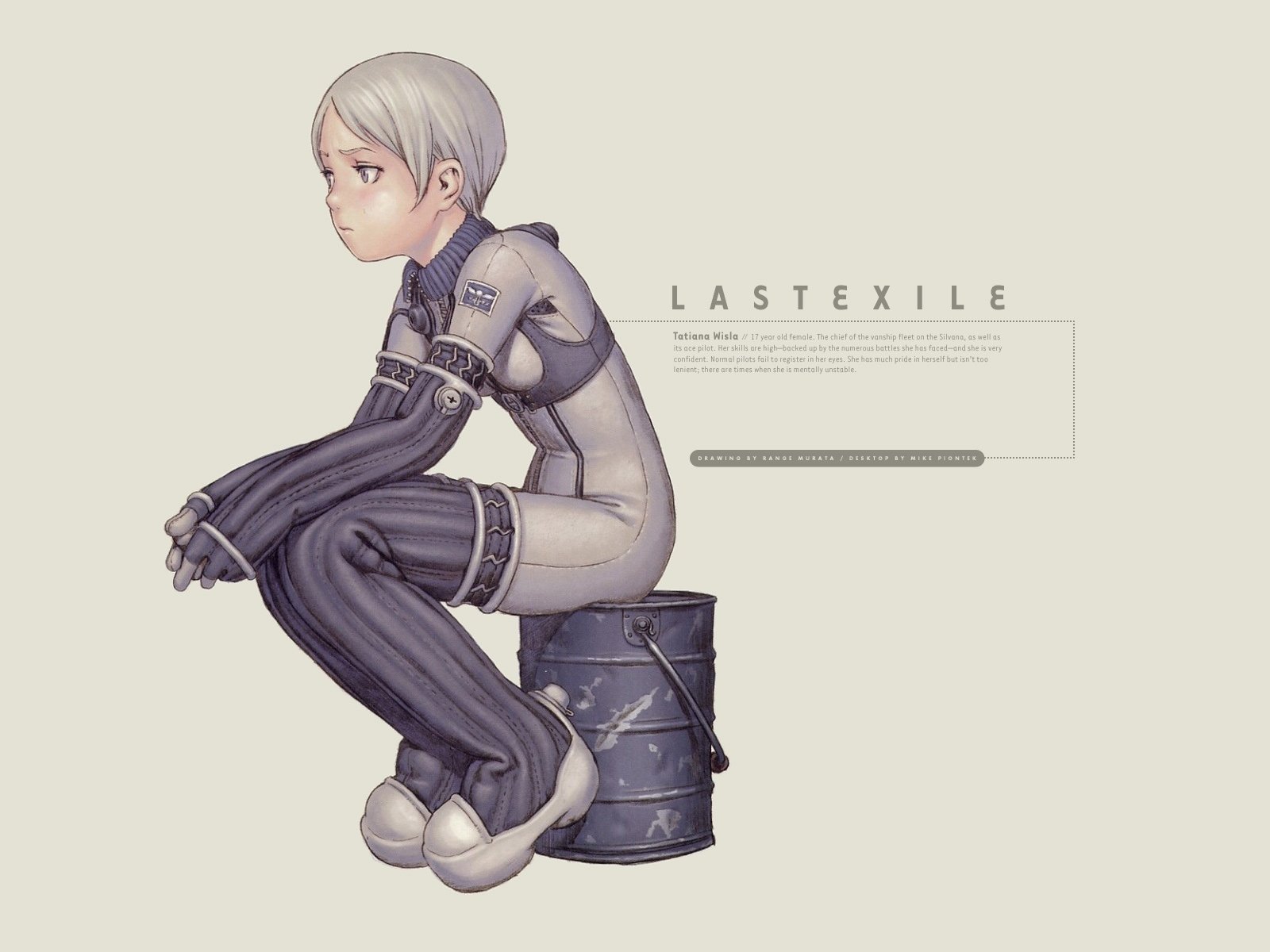 Anime, Last Exile HD PC desktop wallpaper and background: pale-haired pilot in a fitted suit sits on a weathered barrel against a muted backdrop with minimalist title and UI-like text.