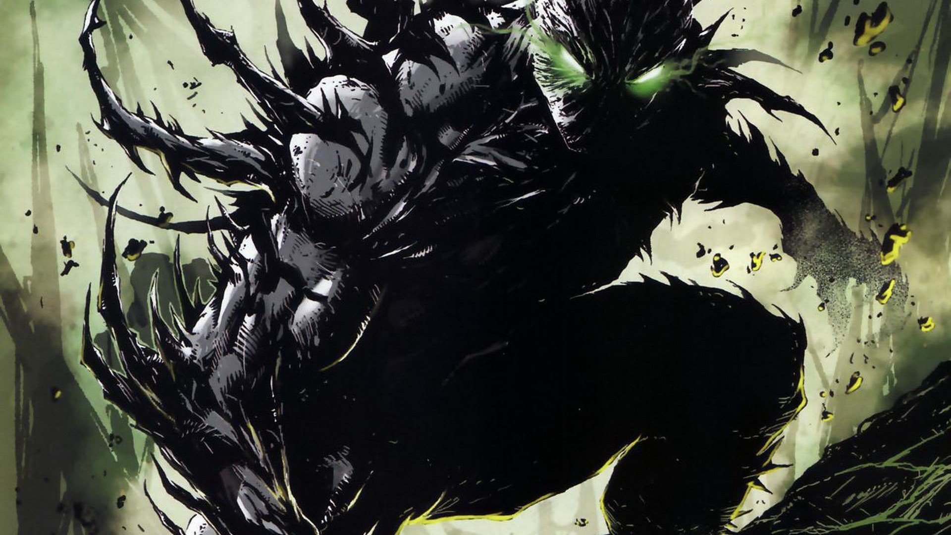 HD PC desktop wallpaper featuring Spawn from Marvel Comics in a dark, dynamic comic-style illustration with glowing green eyes and intense shadow effects.