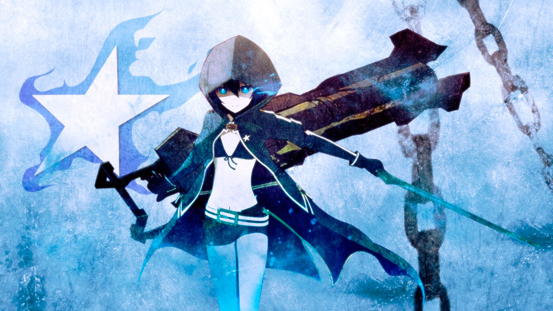 Anime-themed HD desktop wallpaper featuring Black Rock Shooter, showcasing a character in a dark cloak wielding a large weapon against a blue and misty background.