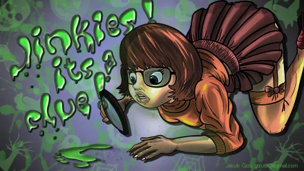 HD PC desktop wallpaper featuring Velma from the Scooby-Doo TV show examining green slime with a magnifying glass, with the text Jinkies! It's a clue! in the background.